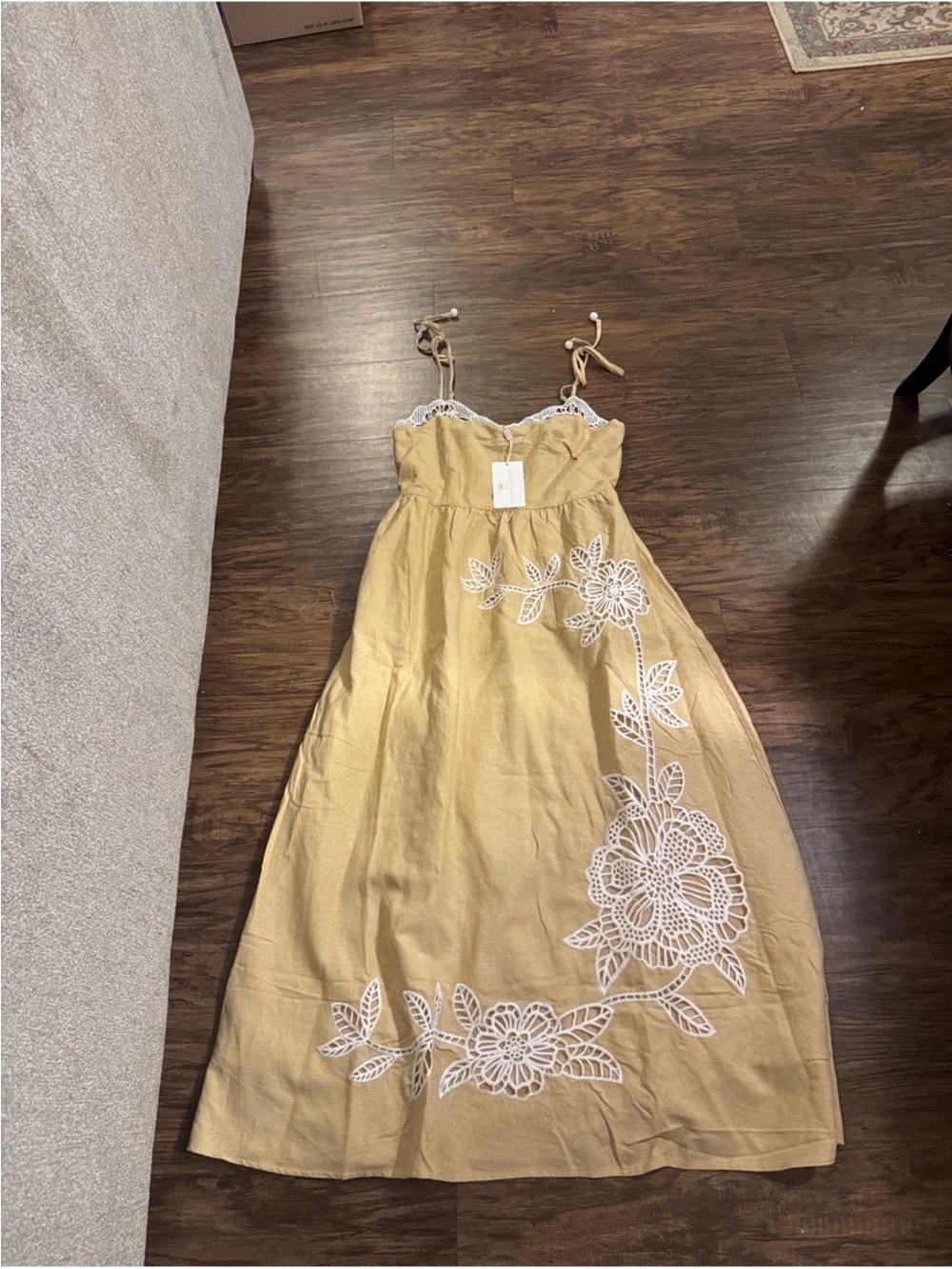 Tuckernuck Mustard Yellow Linen Sundress with White Floral Embroidery